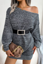Robe pull courte vintage en maille chinée à manches longues et col bateau - Noir